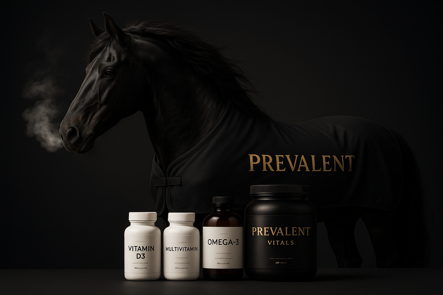 Black stallion horse with dark gray/black background with our supplements in the picture. The horse is wearing a black blanket that says PREVALENT in gold. The horse also has smoke coming out of its nose 